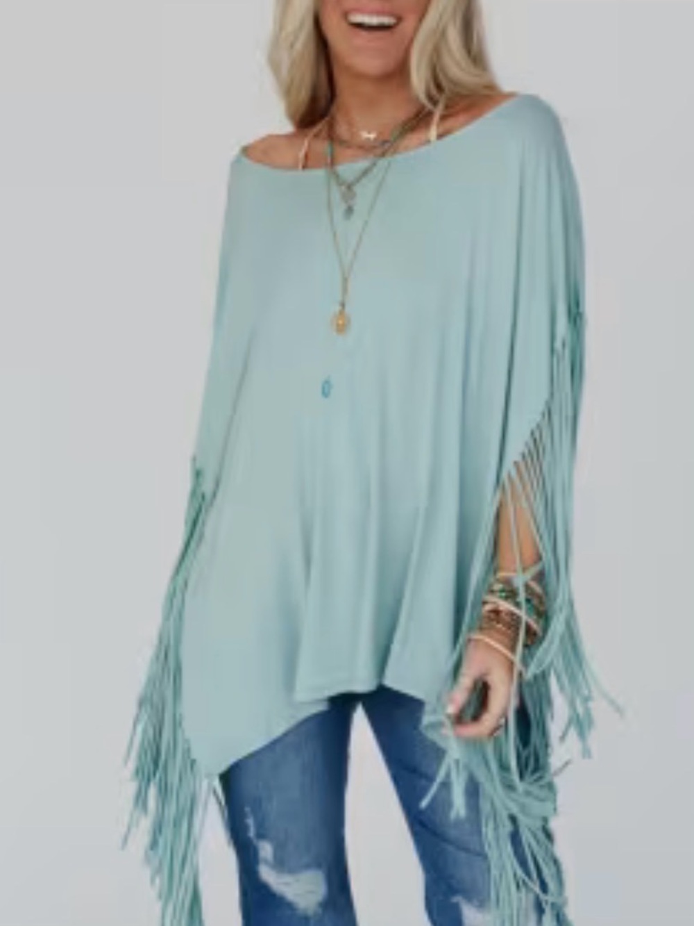 The Showstopper Fringed Top in Washed Seafoam